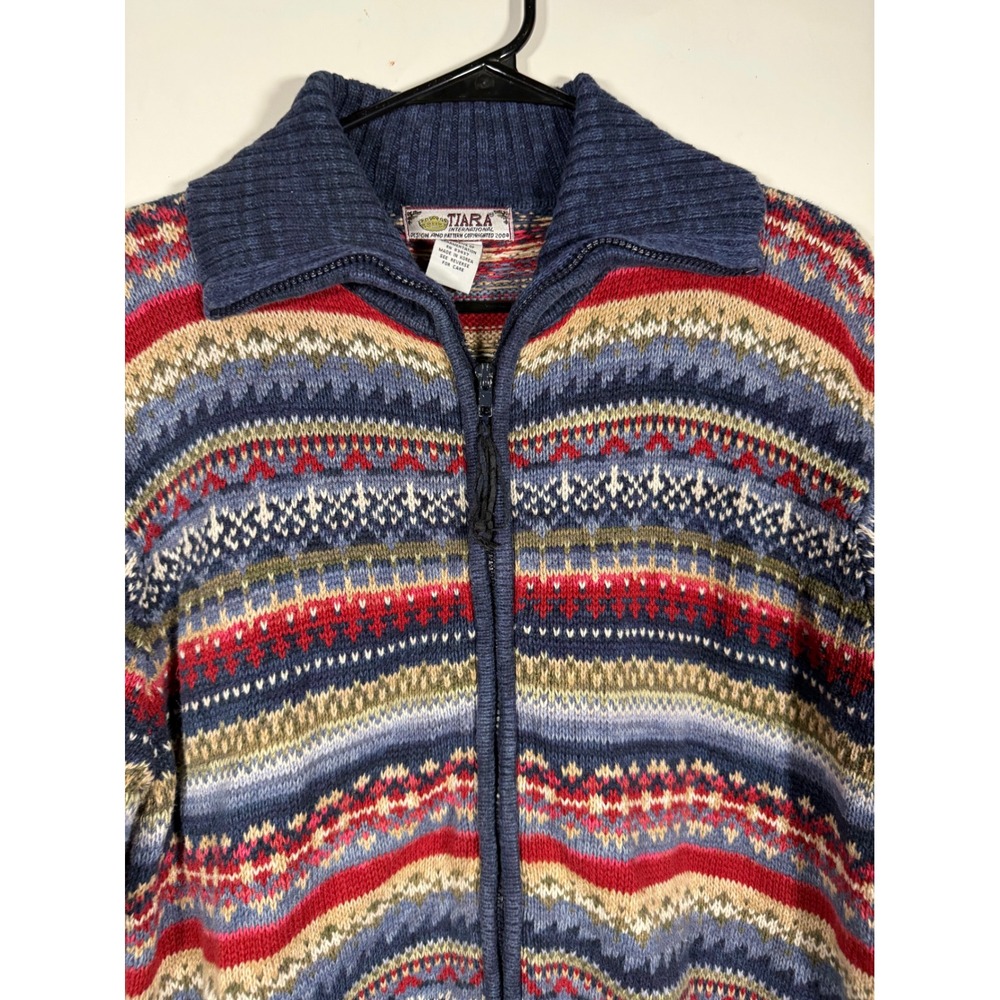 Tiara International Womens L Fair Isle Full Zip Cardigan Sweater Blue Red Ramie